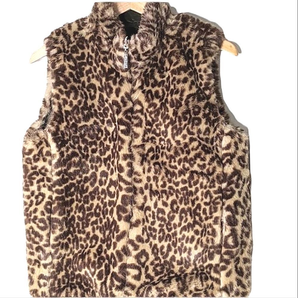 Vintage Guess Reversible Faux Leopard Army Green Nylon Zip Up Vest size S/M - Picture 10 of 12